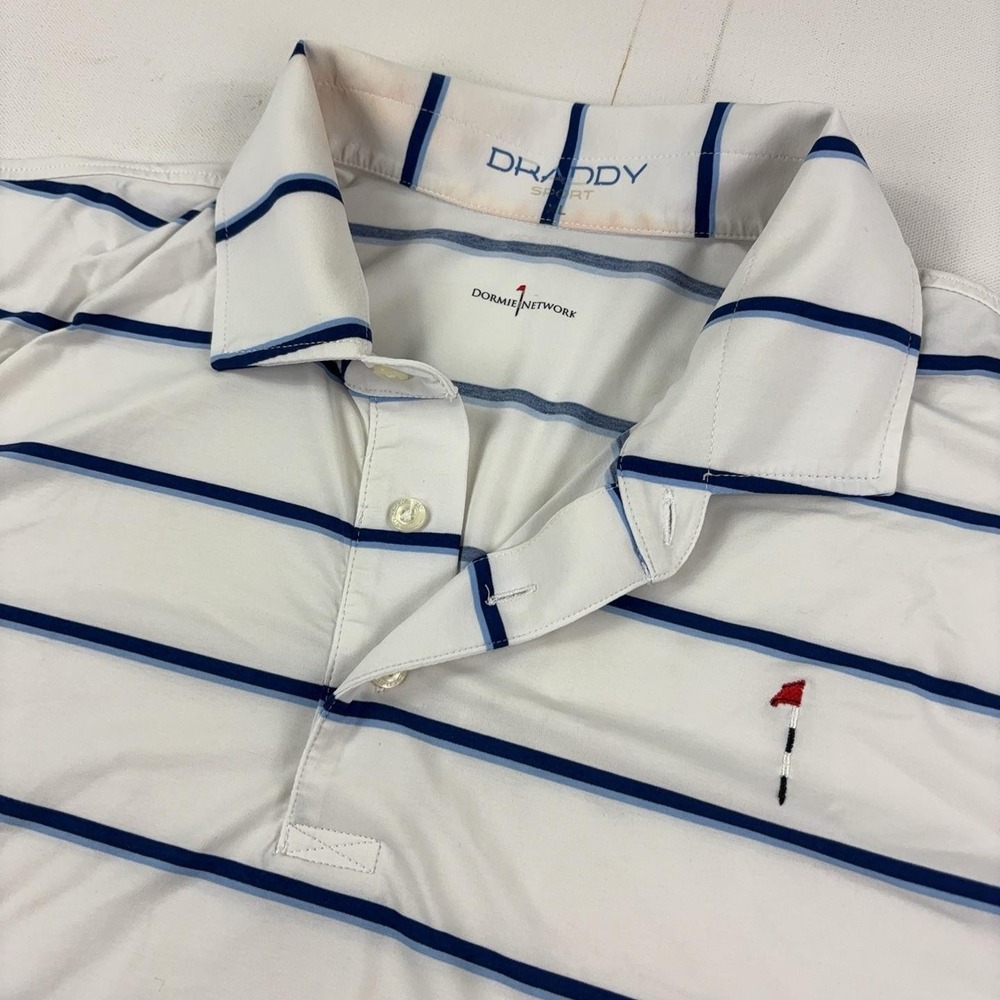 Dormie Network Draddy Sport Polo Shirt Mens XL White Striped Golf Short Sleeve